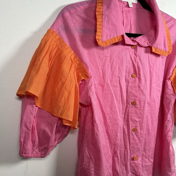KARLIE RUFFLE Colorblock 1/2 Sleeve Top Pink Orange Blouse Women's Size Large - Picture 3 of 9